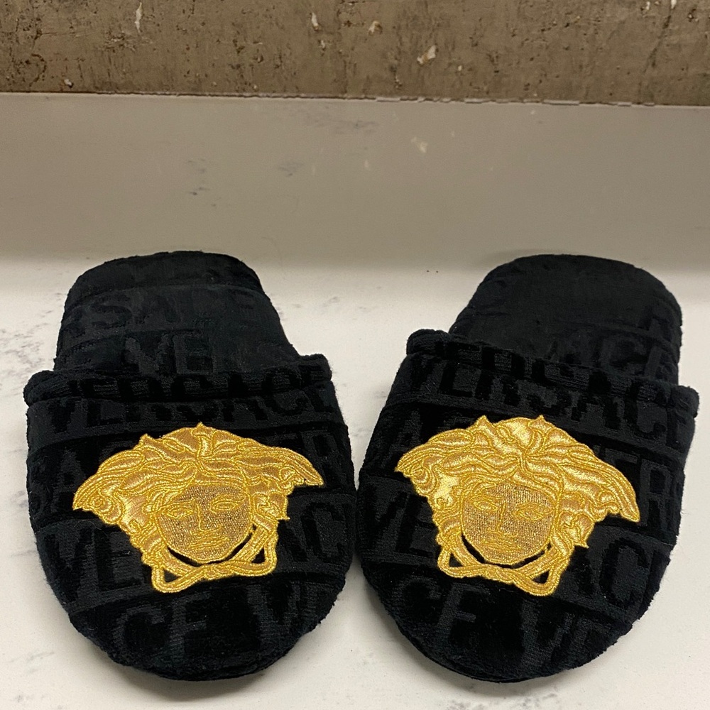 Versace Kids Slippers in Black with Gold Medusa